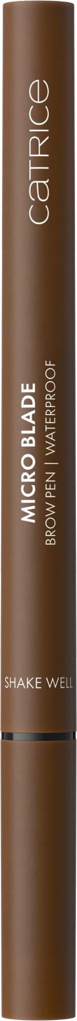 En brun makeup-penn merket "Catrice Micro Blade" med instruksjoner om å riste godt.