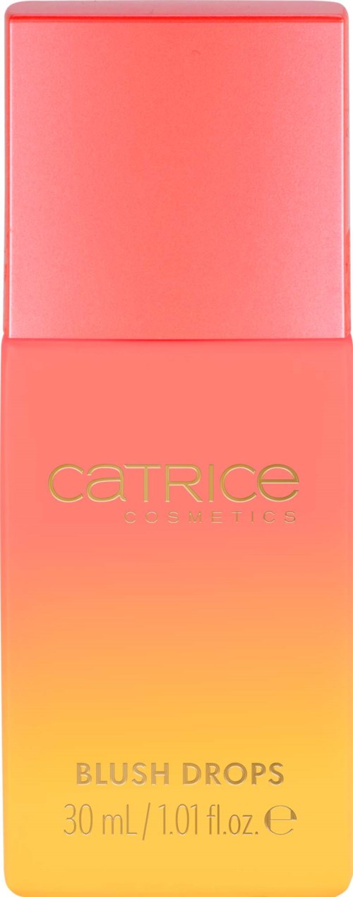 Een roze en gele gradientfles met de woorden 'Catrice Cosmetics' en 'Blush Drops'.