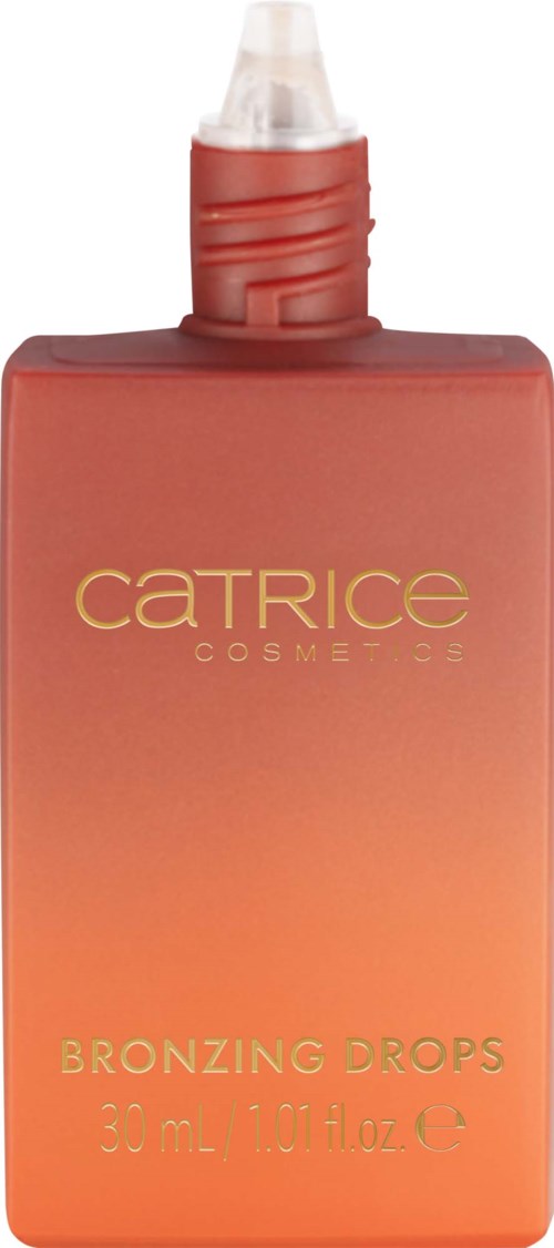 En liten flaska med Catrice Bronzing Drops, orange färg, med vit appliceringsnål.