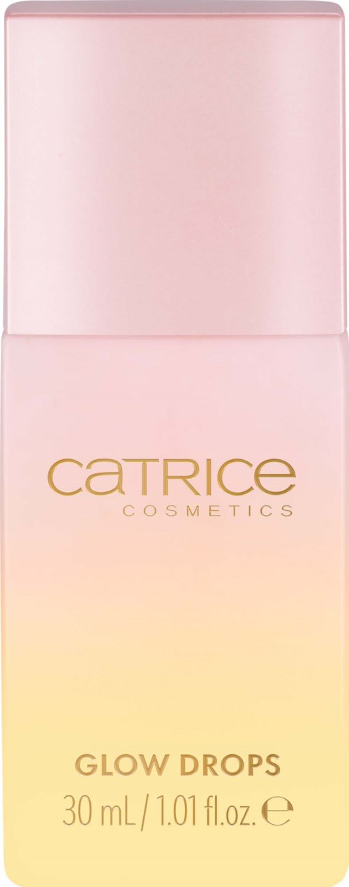 En rosa flaske med gullfarget tekst som sier 'Catrice Cosmetics' og 'Glow Drops'.
