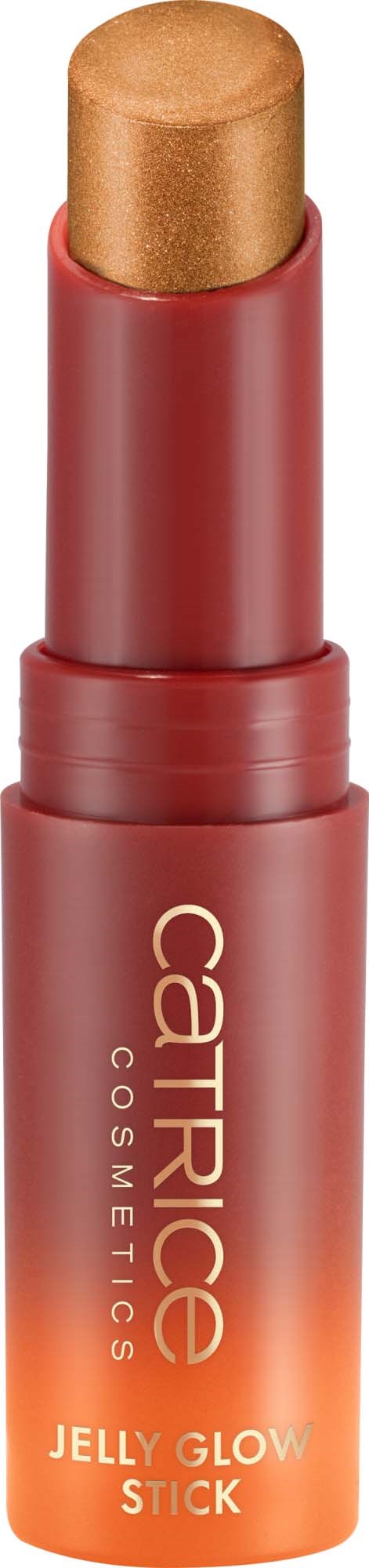En rød leppestift med en gullfarget balm inni, merket 'Catrice Cosmetics Jelly Glow Stick' på stangen.