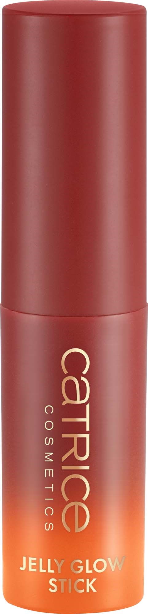 En rød pinne merket Catherine Cosmetics Jelly Glow Stick med en gradientoransje etikett nederst.