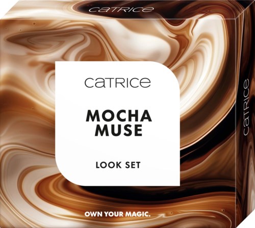 Verpakking van Catrice Mocha Muse Look Set met een bruin, crème en zwart marmerdesign en wit label.