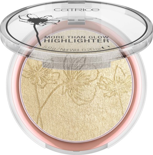 Eine runde Make-up-Behälter mit transparentem Deckel, der einen floral gestalteten Highlighter zeigt.