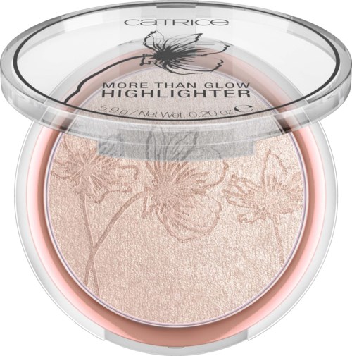 Eine runde Kosmetikeinheit mit Blumenmuster auf einem hellen Highlighter im Inneren. Klare Abdeckung mit Marke und Produktname.