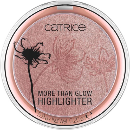Rosa Highlighter in einer runden Dose mit Blumen- und Bienenmotiven, beschriftet "More Than Glow".