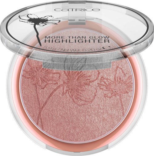 Ein runder Make-up-Blush mit Blumenmotiven in Rosa, bedeckt mit einem transparenten Deckel, als Highlighter von Catrice.