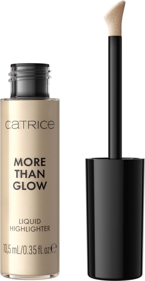 Eine flüssige Highlighter-Flasche mit schwarzem Applikatorstab, beschriftet 'Catrice More Than Glow', in beige.