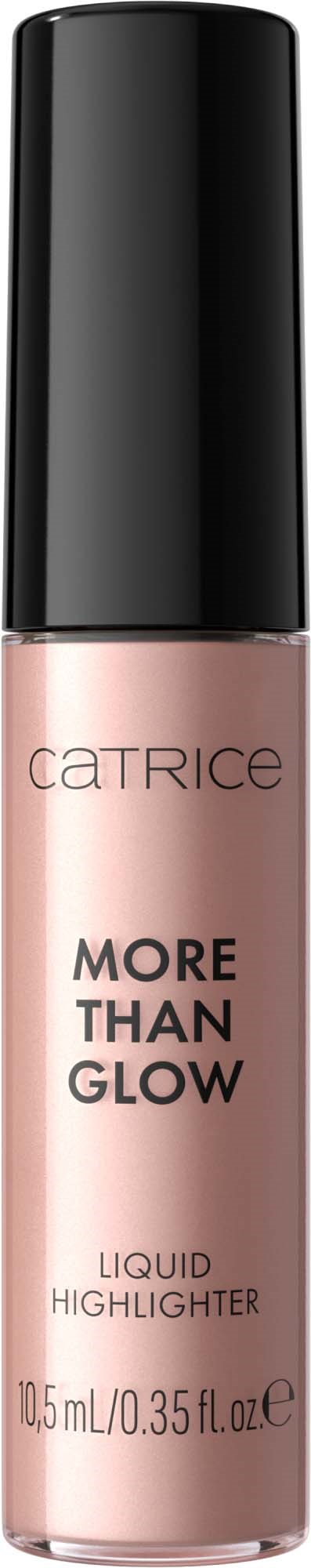 A bottle of CATRICE 'More Than Glow' liquid highlighter with black cap and beige liquid inside.