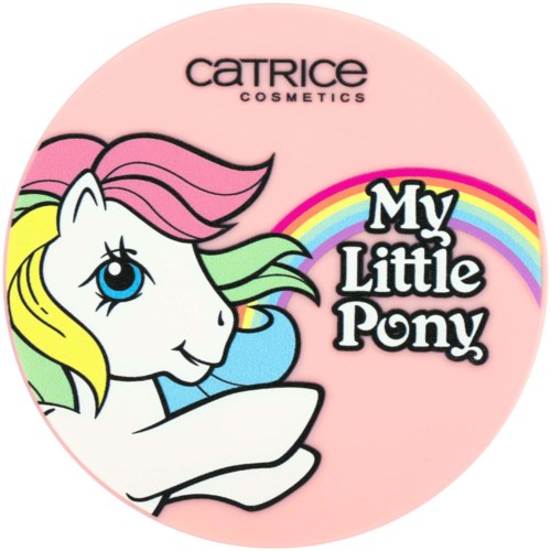 Colorful My Little Pony logo with a smiling pony and rainbow on a pink background.