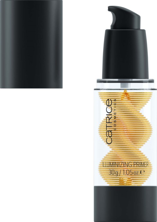 En hudvårdsproduktflaska med pump, märkt 'darkcell' och 'illuminating primer.'