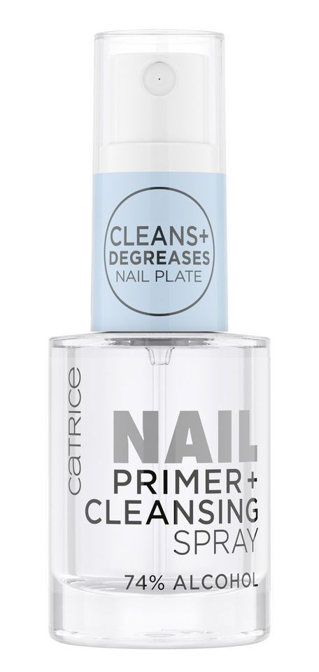 En klar nagelprimer och rengöringsspray med blå och vit etikett, innehåller 74% alkohol för rengöring och desinfektion.
