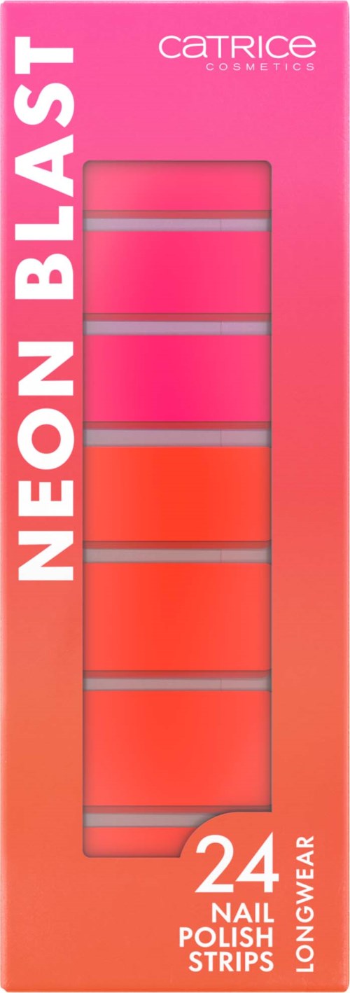 Eine rosa Box enthält 24 Neon-Nagellackstreifen in verschiedenen Rottönen.