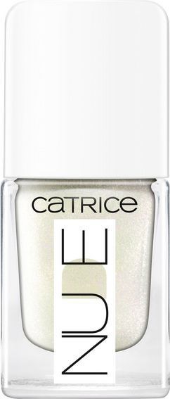 En klar nagellackflaska med vit lock och etikett som visar "Nail" och "Catrice".