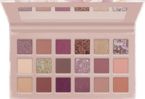 A pink eyeshadow palette with 15 different shades, including matte, shimmer, and glitter finishes.