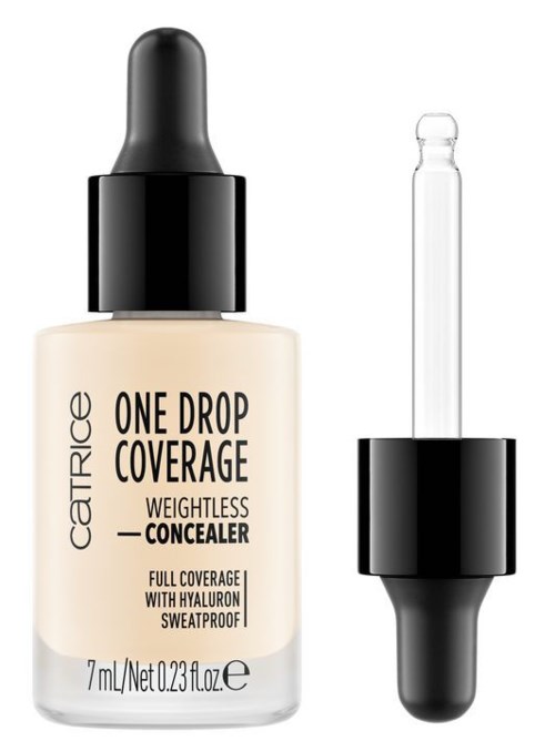 A bottle of Catrice concealer with a dropper and a separate cap, labeled as weightless and full coverage.