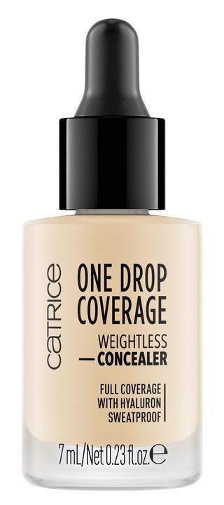 Kleine Flasche mit beige Concealer, schwarzer Pipette, gekennzeichnet 'One Drop Coverage' von Catrice.