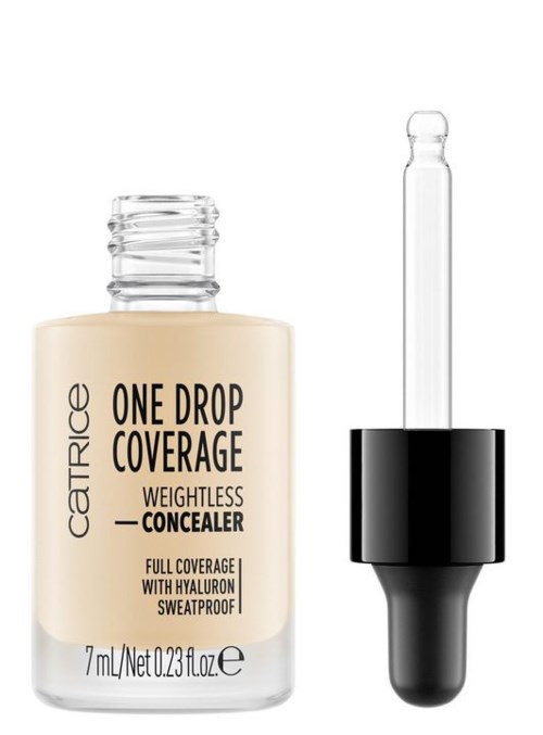 Beige concealer Flasche mit Tropfer, von Catrice, mit 'ONE DROP COVERAGE' Beschriftung, bietet volle Abdeckung mit Hyaluron.