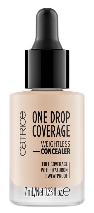 Eine Flasche Catrice One Drop Coverage Concealer mit schwarzen Tropfer, auf einem einfachen Hintergrund.