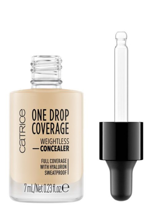Flasche mit Catrice Concealer mit Pipette, in hellbeiger Farbe, bezeichnet als schwereloses Deckung, volle Deckkraft und schweißfest.