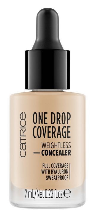 Beige Flasche mit Concealer, schwarzer Tropferkappe, beschriftet 'Catrice One Drop Coverage Weightless Concealer' und 7 ml.