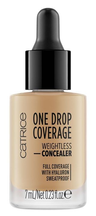 Beige- concealer mit schwarzem Tropferspender, beschriftet 'ONE DROP COVERAGE' von CATRICE, 7 ml Flasche.