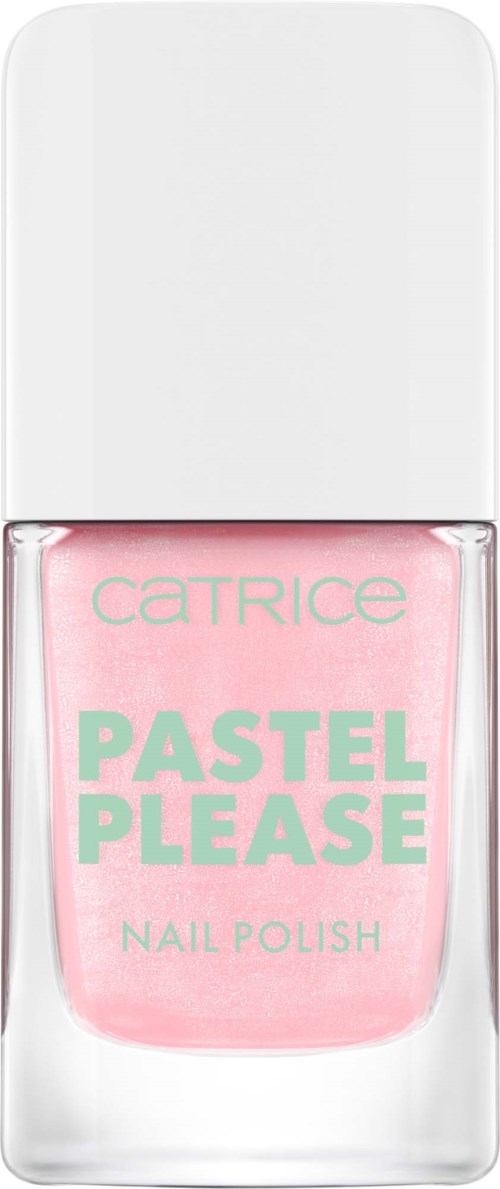 Vaaleanpunainen kynsilakka, nimeltä "Pastel Please," Catrice-merkkinen.