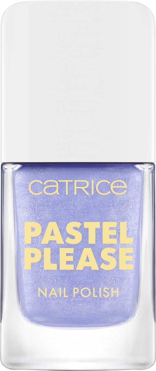 Violetti kynsilakka, jonka nimi on 'Pastel Please' Catrice-merkkinen, valkoinen korkki.