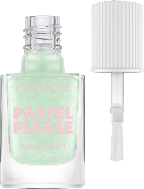 Jalatarran pullo, jossa lukee 'Pastel Please', kevyt pastellinvihreä väri ja irrotettava valkoinen korkki.