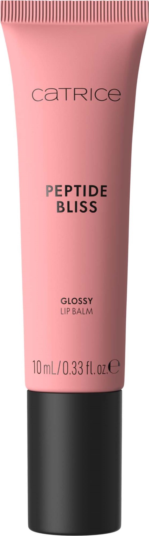 En rosa tube med Catrice Peptide Bliss Glossy Lip Balm med svart hette, 10 ml.