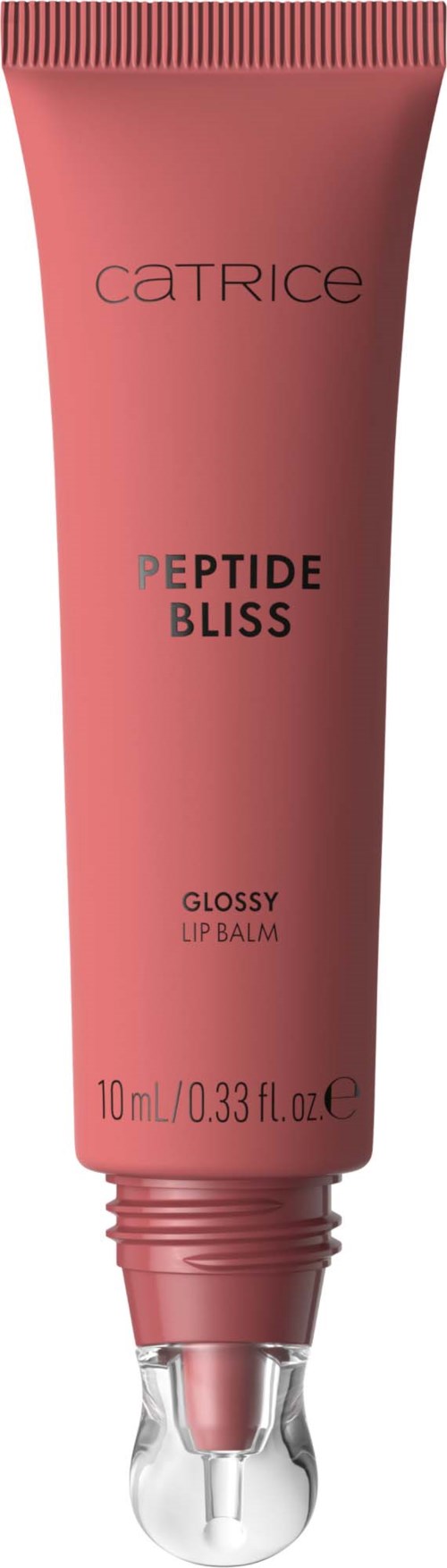 Rødaktig tube med glansig leppebalsam merket Catrice Peptide Bliss. Enkel design med svart og hvit tekst.