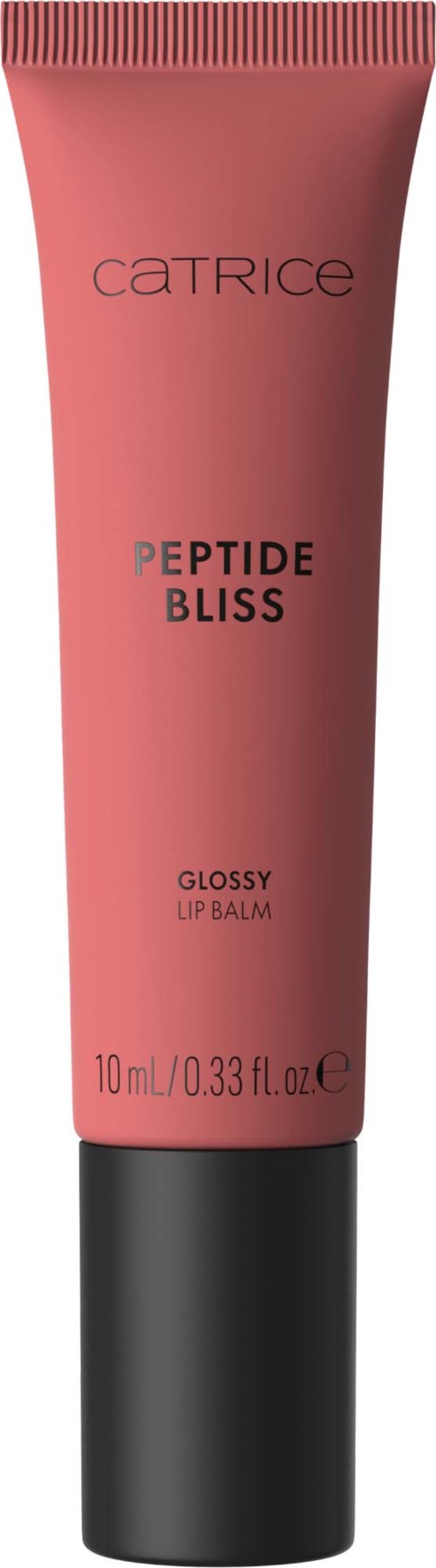 Lyserøyt rør med Catrice Peptide Bliss leppepomade med svart hette, 10 ml.
