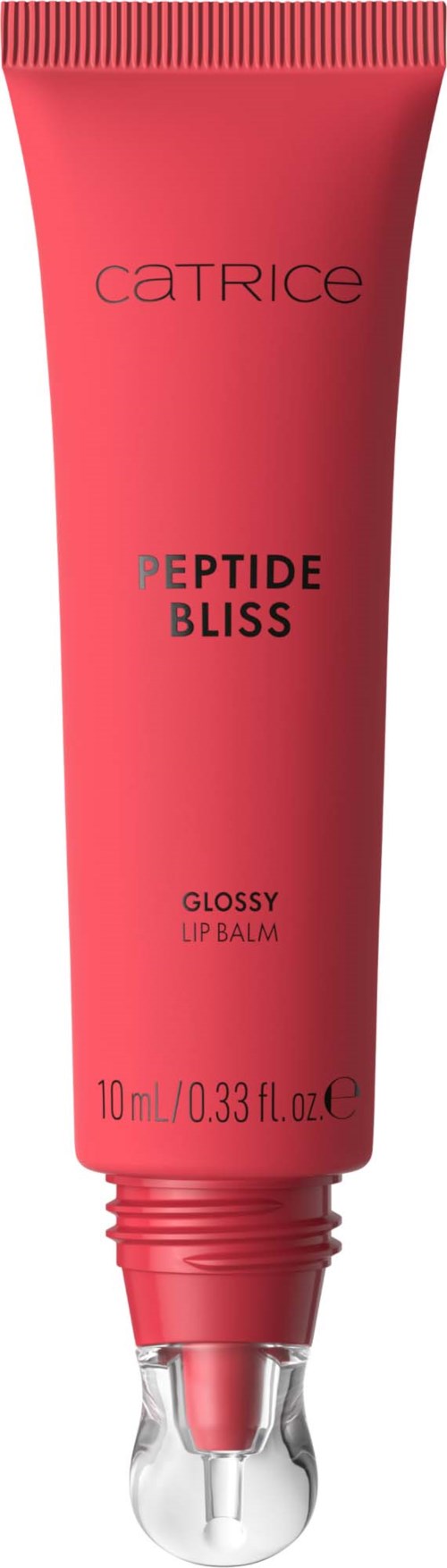 En rød tube med Catrice Peptide Bliss Glossy Lip Balm med klar rullende tupp.