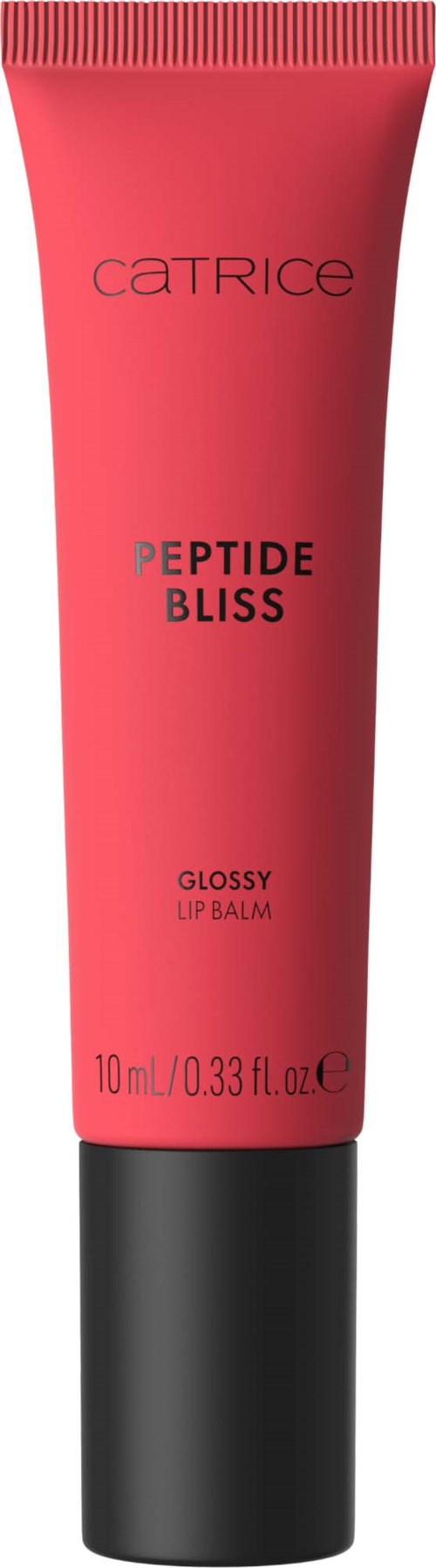 En rosa lip balm-tynt med svart lokk, merket Catrice Peptide Bliss Glossy Lip Balm, 10 ml.