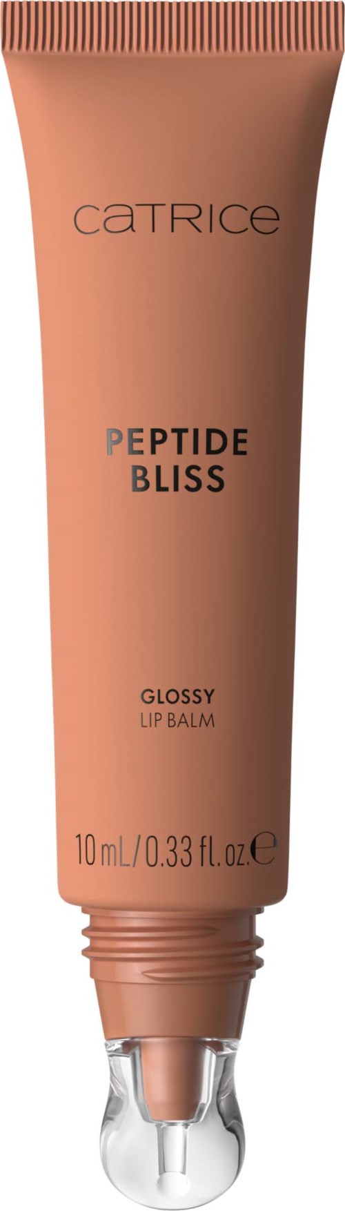 En tube av Catrice Peptide Bliss gloss for lepper, med klar hette og peach-farget kropp.