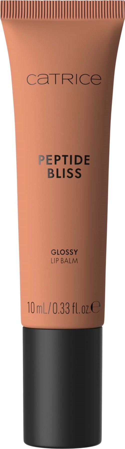 En rosa-oransje tube merket Catrice Peptide Bliss Glossy Lip Balm med svart lokk.