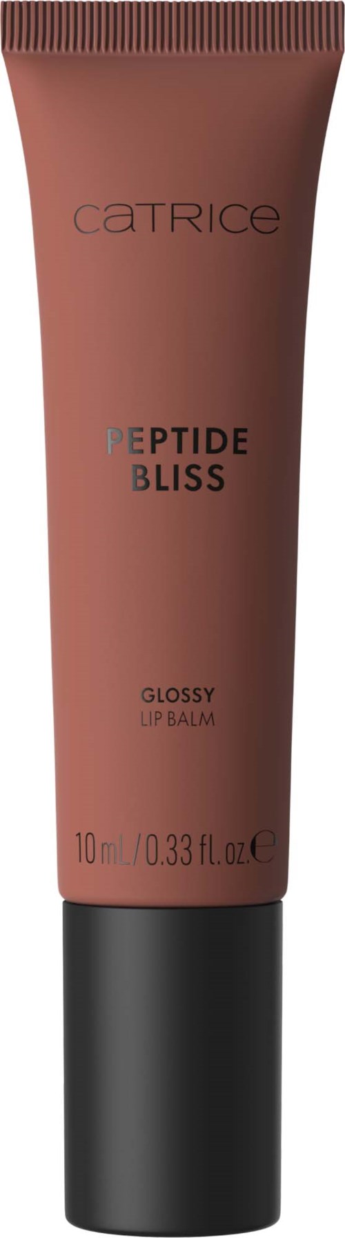 En tube av Catrice Peptide Bliss gloss med svart lokk, rosa farge, og produktnavn.