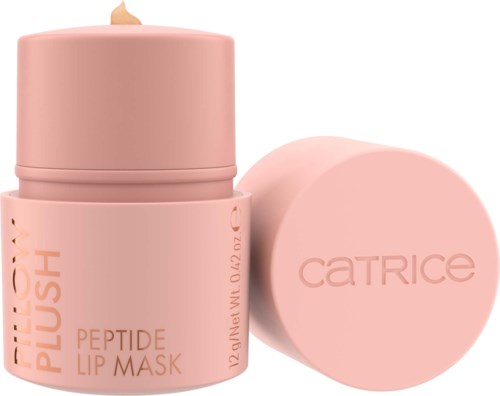 Pink behållare med lock och ett ljus inuti. Läppmaskprodukt märkt 'Catrice' och 'Peptide Lip Mask.'