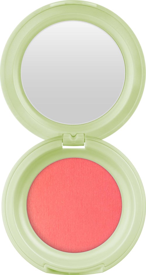 Ein runder Make-up-Compact mit rosa Rouge darin und hellgrüner Deckel. Der Deckel hat einen Spiegel.