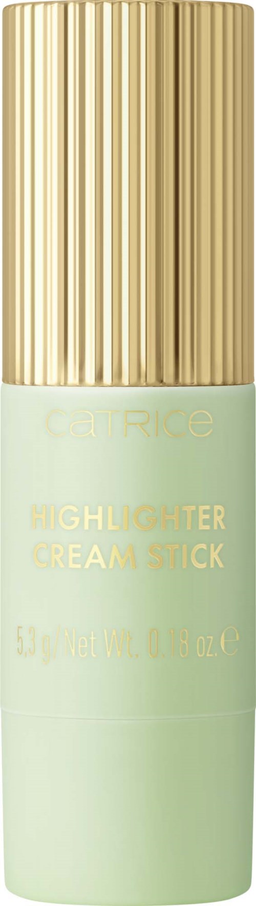 Een Catrice highlighterstift met een goud en lichtgroen ontwerp. De stift is voorzien van etiket en heeft een glanzende gouden dop.