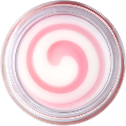 Ronde container met roze en witte spiral. Het lijkt op een snoepje of dessert.