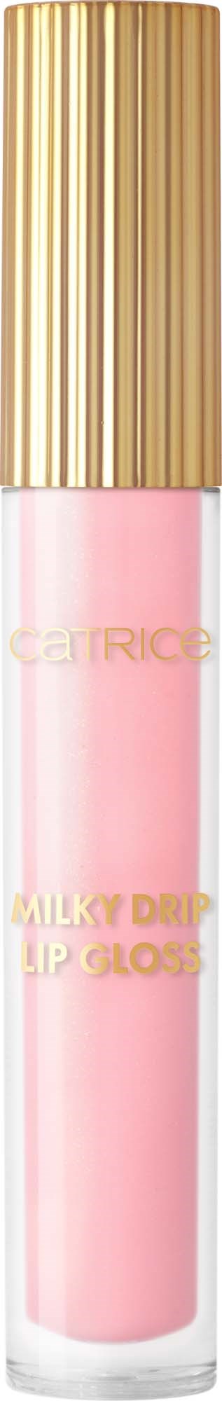 Een roze lipglosshuls met een gouden dop, gemarkeerd "Milky Drip Lip Gloss" en merknaam "CATRICE."