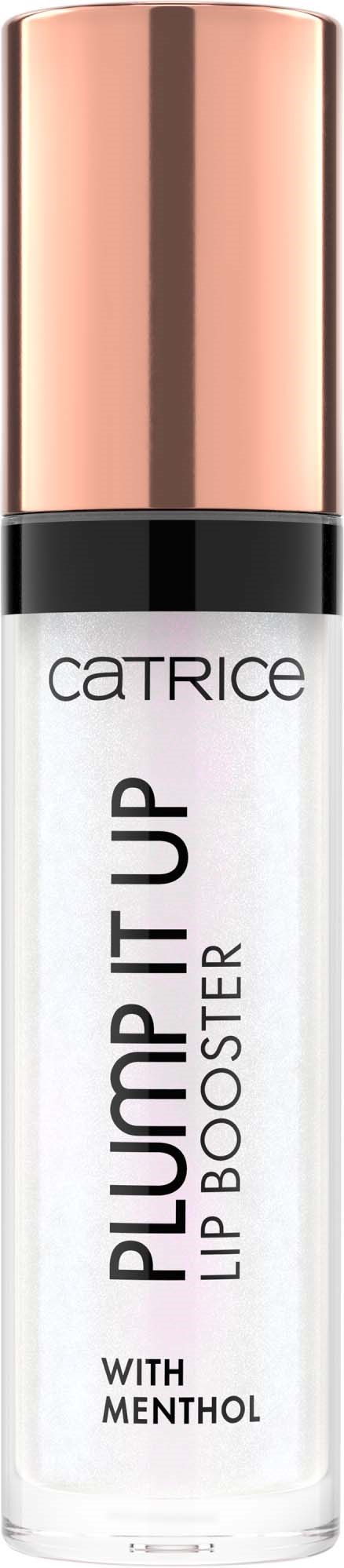 A clear bottle with a black and rose gold cap. It is labelled 'PLUMP IT UP LIP BOOSTER WITH MENTHOL.'