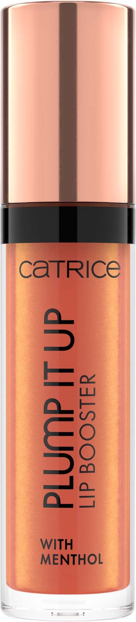 A lip gloss with a rose gold cap and orange body, labeled Catrice Plump It Up Lip Booster with Menthol.