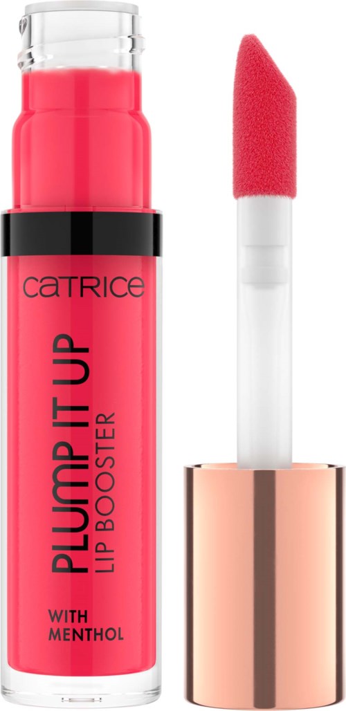 Leppeglans i gjennomsiktig beholder med rosa påføringsstift, merket 'PLUMP IT UP' av Catrice, inneholder mentol.