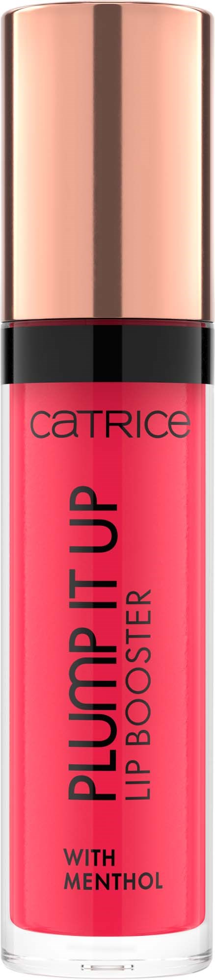 En rosa leppestift med gullhette, merket "PLUMP IT UP" og "LIP BOOSTER med MENTHOL."