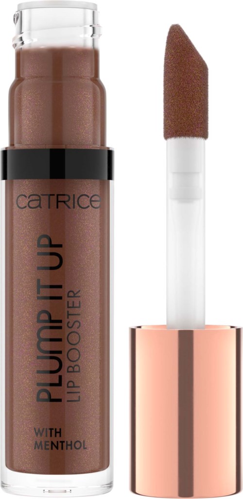 Lip gloss with brown color, applicator wand, and rose gold cap.