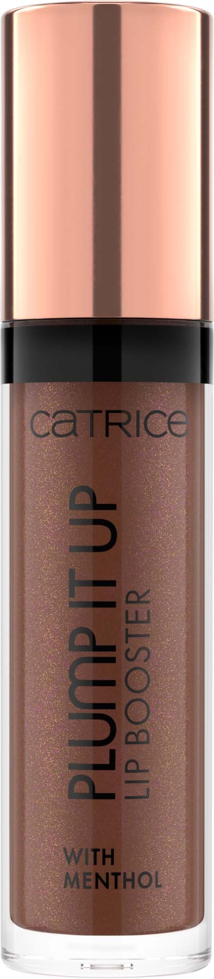 Lip gloss tube with rose gold cap, labeled "Plump It Up Lip Booster with Menthol" from Catrice.
