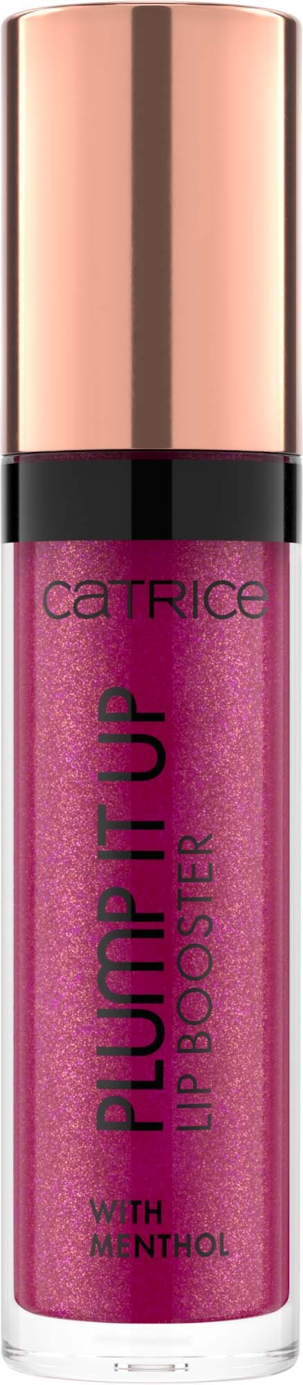 A lip gloss tube with pink glitter and a rose gold cap, labeled "Plump It Up Lip Booster with Menthol."
