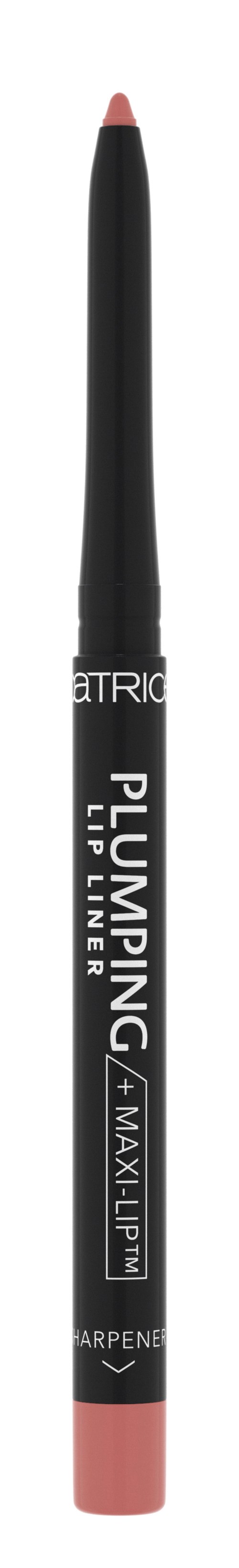 A lip liner pencil in black and pink, with text on it, is shown vertically.